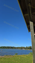 Lakeshore with Grass and Trees under Blue Sky