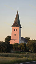 White Church Tower with Steeple and Trees