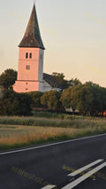 White Church Tower with Steeple and Trees