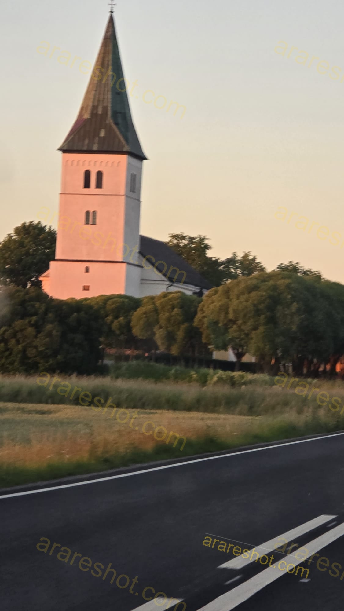 White Church Tower with Steeple and Trees