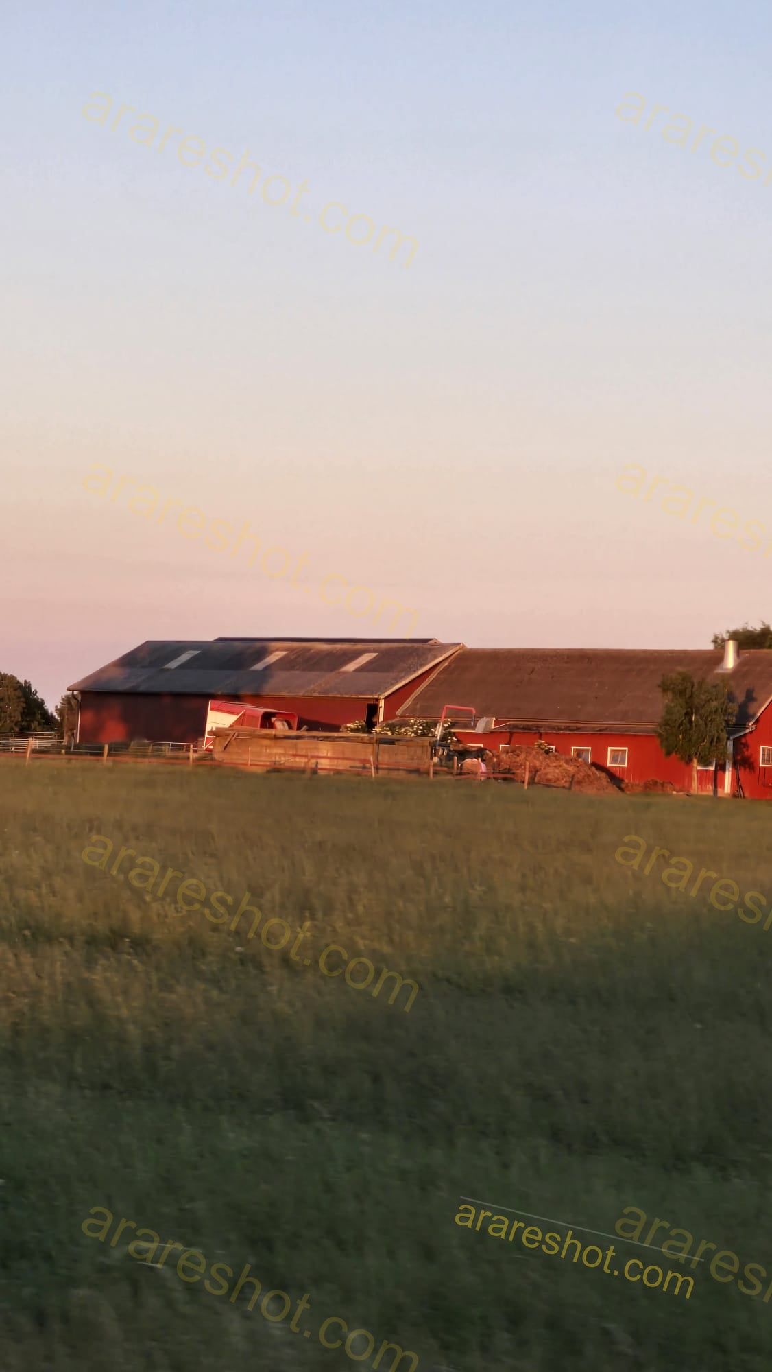 Red Farm Buildings with Green Field