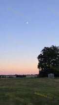 Half Moon Over Field with Trees and Shed