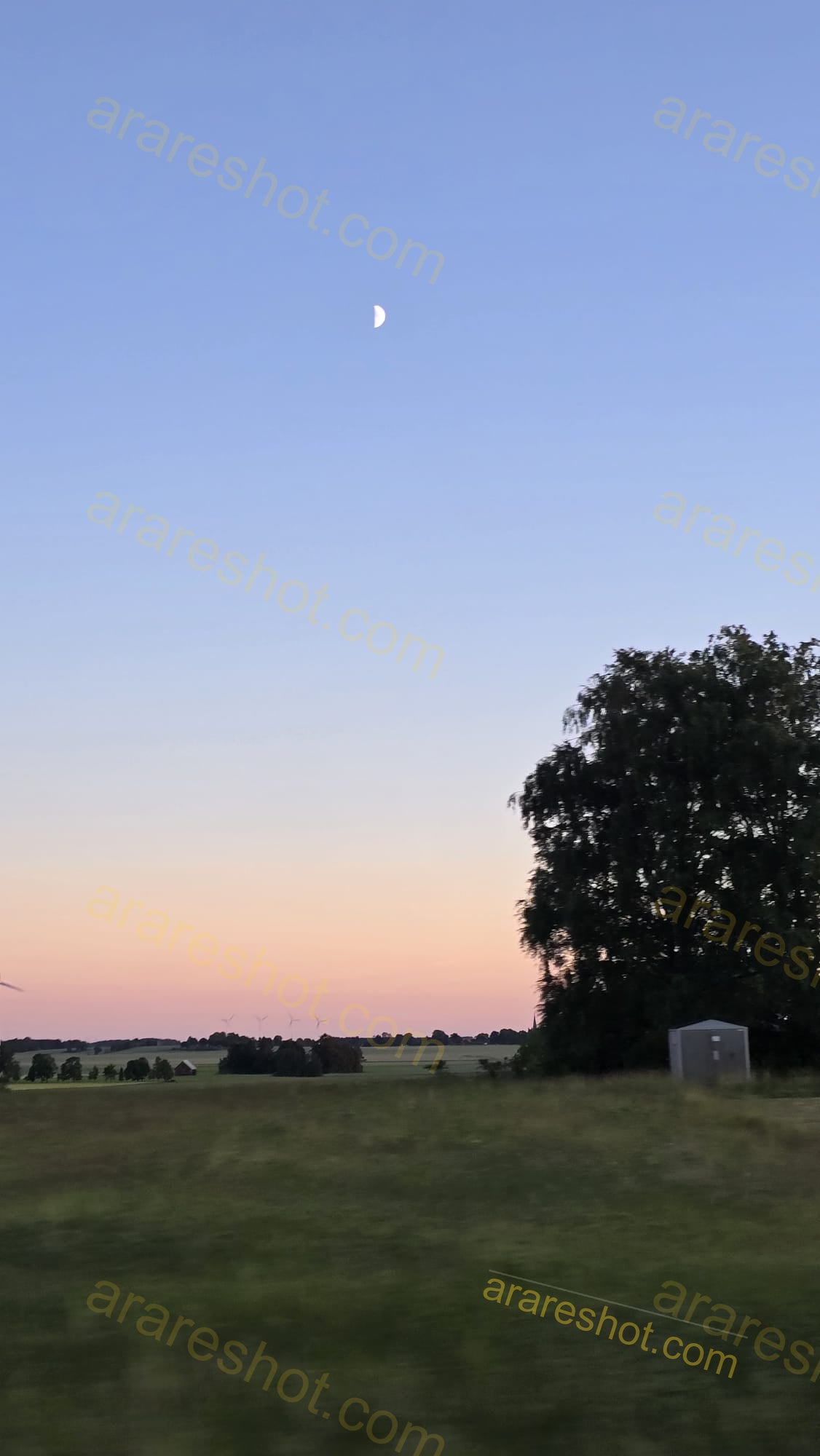 Half Moon Over Field with Trees and Shed
