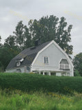 White House with Black Roof and Surrounding Trees