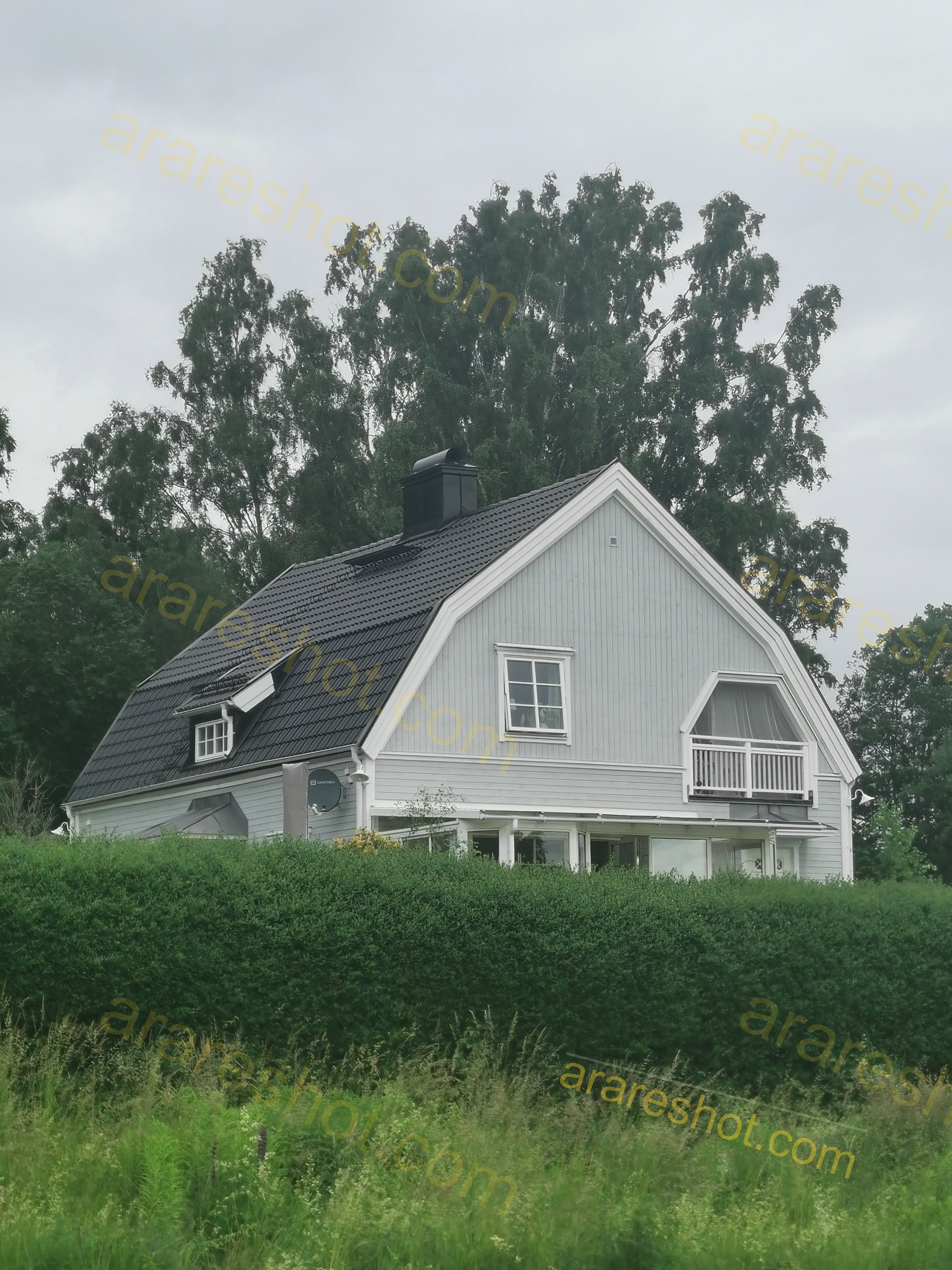 White House with Black Roof and Surrounding Trees