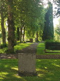 Pathway Through Green Cemetery with Trees and Gravestones