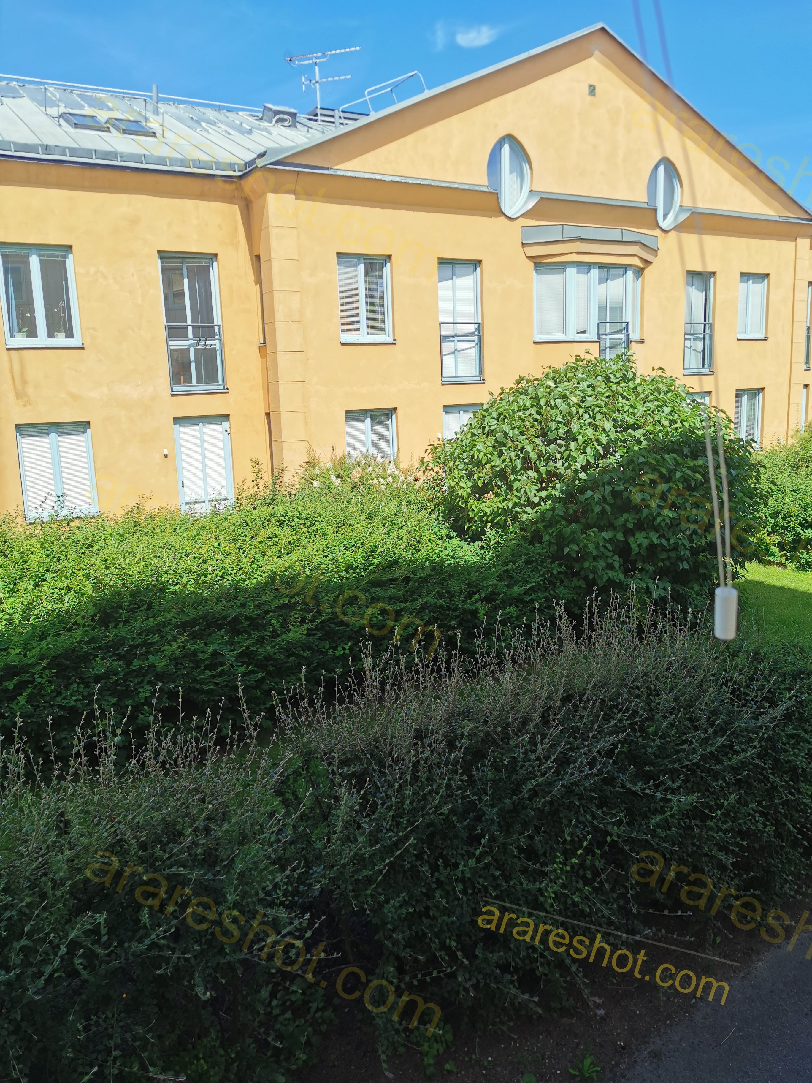 Yellow Residential Building with Green Shrubs